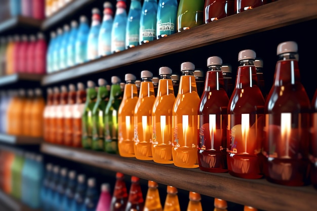 Półka z różnymi kolorowymi butelkami napoju