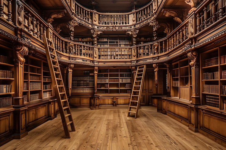Zdjęcie półki do książek w bibliotece z drewnianą podłogą