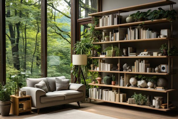 półki do książek w salonie mnóstwo roślin i okien inspiracji pomysły