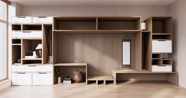 Półki ścienne Idea Box w minimalistycznym salonie w stylu japandi