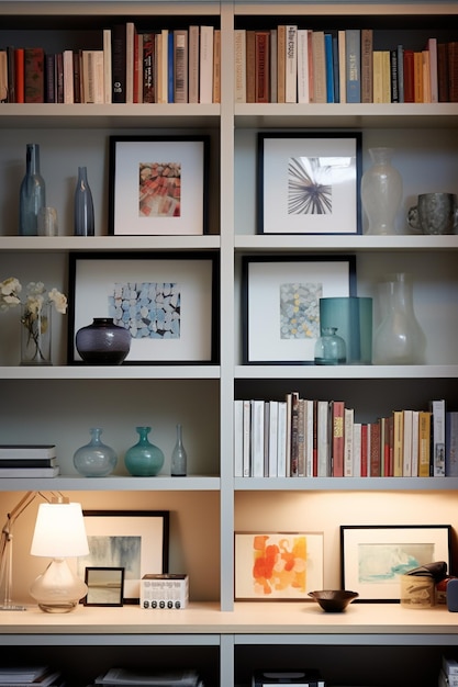 półki z książkami i wazonami na nich w pokoju generatywny ai