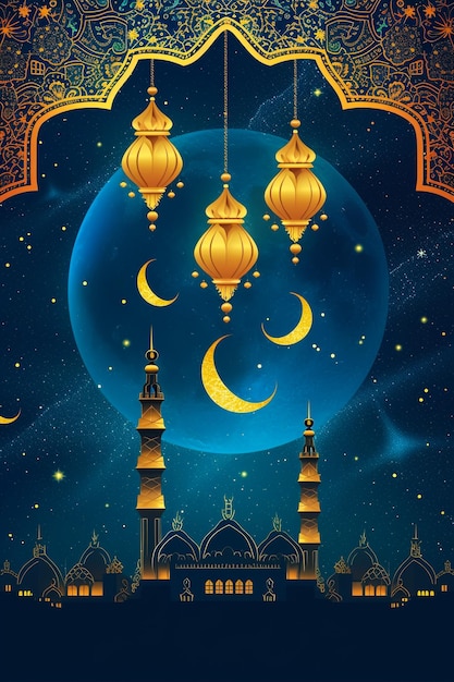 Półksiężyc islamski z meczetem dla Ramadanu Kareem i Eid Mubarak Złoty wzór półksiężyca ilustracja wektorowa tła