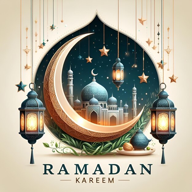Półksiężyc, symbol islamu z Eid Mubarak Alfabet 3d rendering