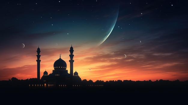 Zdjęcie półksiężyc wiszący nad meczetem z oświetlonymi oknami odbijającymi się w spokojnych wodach na tle dramatycznego zachodu słońca