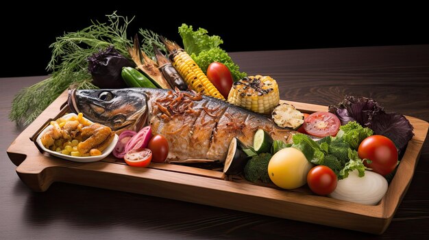 Półmisek jedzenia, w tym ryba i warzywa.