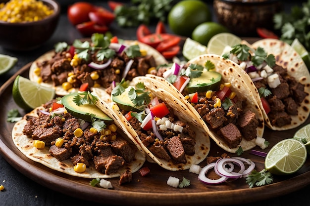 Półmisek meksykańskich tacos ulicznych z carne asada chorizo i al pastor w tortillach kukurydzianych