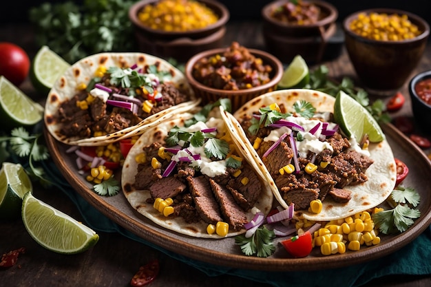 Półmisek meksykańskich tacos ulicznych z carne asada chorizo i al pastor w tortillach kukurydzianych