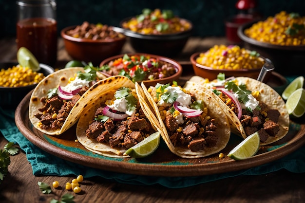 Półmisek meksykańskich tacos ulicznych z carne asada chorizo i al pastor w tortillach kukurydzianych