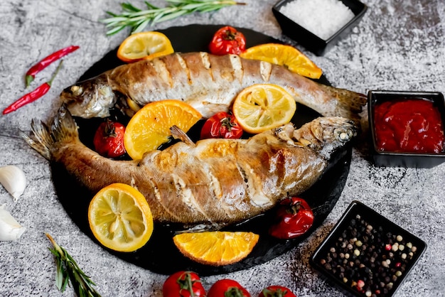 Półmisek ryb z cytrynami i pomidorami