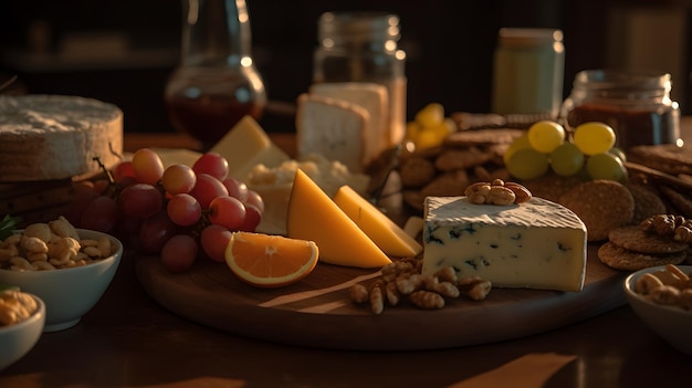 Zdjęcie półmisek serów z różnymi serami i orzechami.