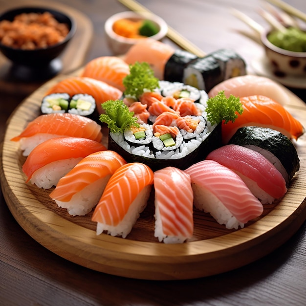 Półmisek sushi Araffy z różnymi rodzajami sushi na nim generatywny ai