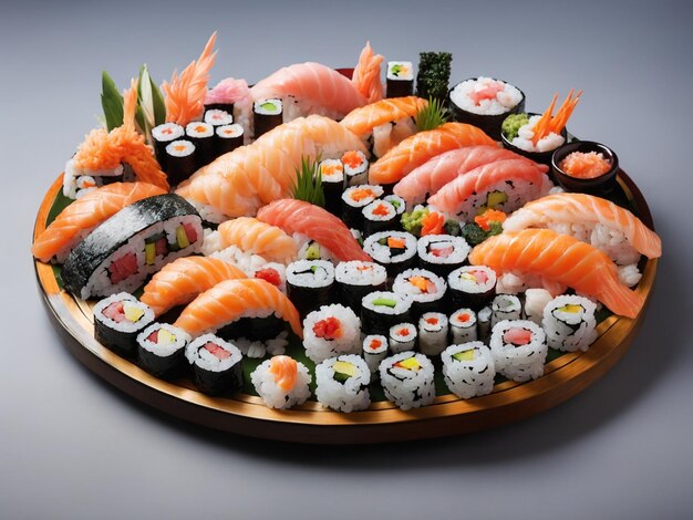 Półmisek świeżej kuchni japońskiej z łososiowym sushi i gimbapem na talerzu