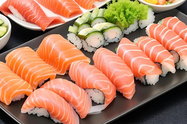 Półmiski sushi i sashimi z frytkami