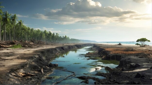 polna droga, przez którą przepływa mały strumyk, a w tle plaża