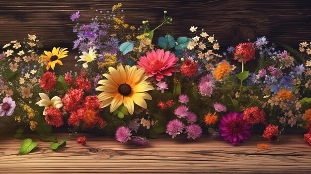 Polne kwiaty i drewniany stół w tle Jasny kolor Generatywne Ai