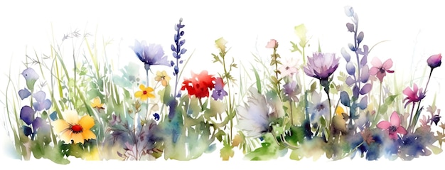 Polne kwiaty zielone dzikie rośliny i latający motyl kwiatowy wzór z kolorowych kwiatów