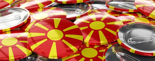 Północna Macedonia okrągłe odznaki z flagą kraju głosowanie koncepcja wyborów ilustracja 3D