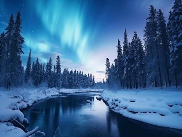 Zdjęcie północne światła las i rzeka krajobraz zimowy koncepcja nowego roku