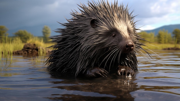 Północnoamerykański porcupine Erethizon dorsatum w wodzie