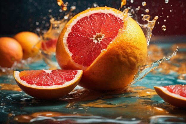 Połowa pomarańczy spada na niebieskie tło z kroplami wody