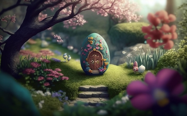Polowanie na pisanki w kwitnącym wiosennym ogrodzie króliczek jajko tło kolorowe duże jajko