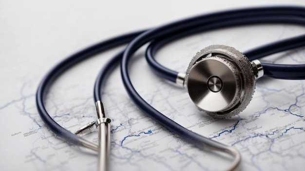 Położenie stetoskopu w kształcie zwinięcia symbolizującym podróż pracowników służby zdrowia