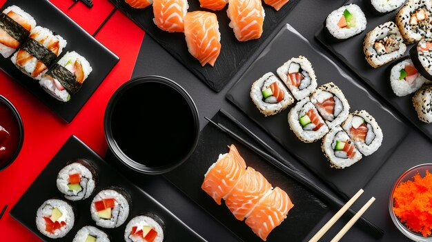 Położony płasko z sosem sojowym w misce pałeczki do jedzenia i zestawy sushi Generative Ai