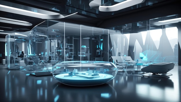 Zdjęcie półprzezroczysta elegancja futurystyczna szklana sala w kinowym renderowaniu 3d
