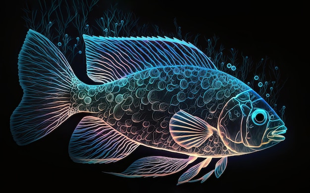 Półprzezroczysta ryba z neonem świecącym na ciemnym podmorskim tle turkusowo-zielona ryba z neonowym połyskiem