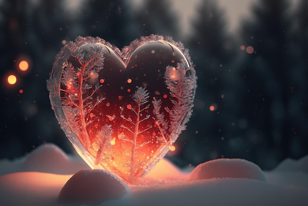 Półprzezroczyste piękne czerwone serce z małymi jasnymi lampkami świątecznymi