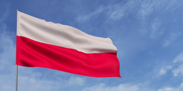 Polska flaga na maszcie na tle błękitnego nieba Polska flaga powiewa na wietrze na tle nieba z białymi chmurami Miejsce na tekst ilustracja 3d