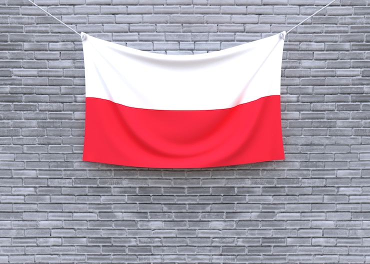 Zdjęcie polska flaga wiesza na ściana z cegieł