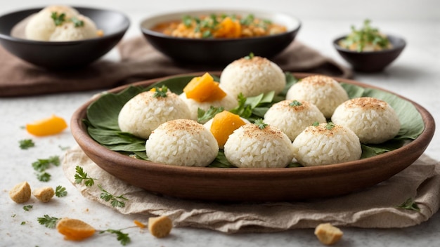 Południowe indyjskie jedzenie pokazuje prostotę i elegancję Idlis z profesjonalnym zdjęciem uchwycającym miękkie
