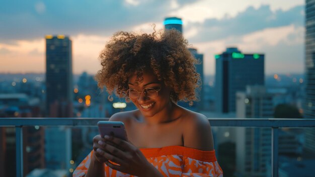 Południowoafrykańska kolorowa kobieta patrząca w dół uśmiechając się do telefonu szczęśliwa w pomarańczowym późnym popołudniem