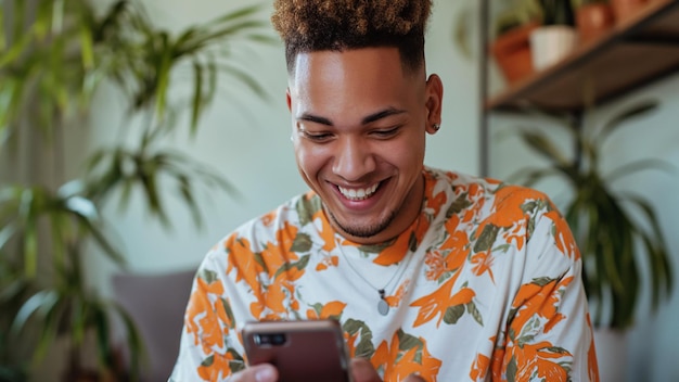 Południowoafrykański kolorowy mężczyzna patrzy w dół uśmiechając się do telefonu szczęśliwy w pomarańczowym