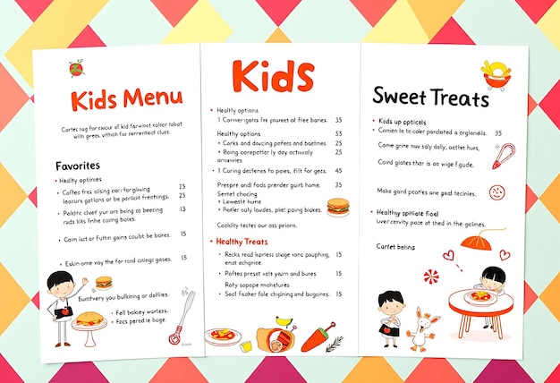Południowoamerykańskie menu dla dzieci prezentujące jasne, zabawne kolory i pomysł na układ menu dla marki