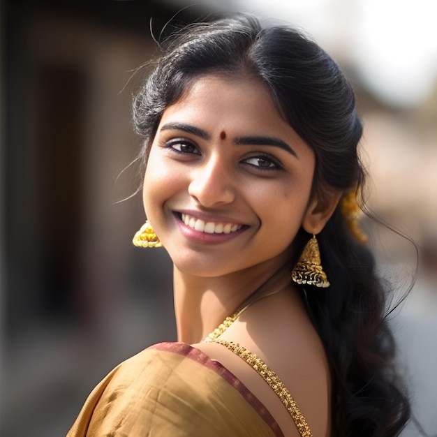 Południowoindyjska kobieta w złotym sari uśmiecha się do kamery