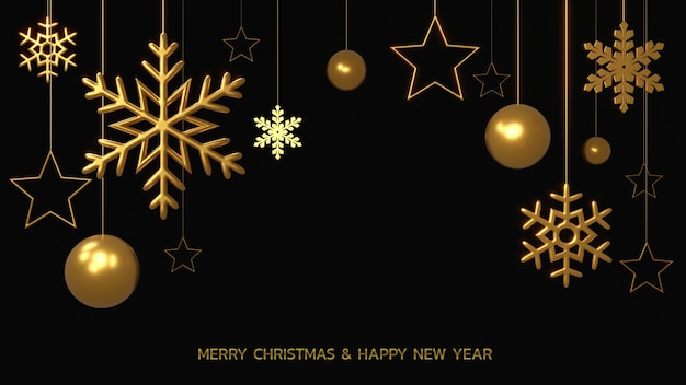 Połyskujące złote płatki śniegu, bombki i gwiazdy na czarnym tle. Renderowania 3D świecące wiszące ozdoby Cristmas. Nowy rok szablon okładki lub transparentu.