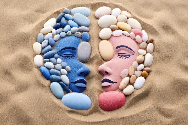 Zdjęcie pomalowane niebieskie i różowe kamyki z sztuką mózgu na piaskowym tle