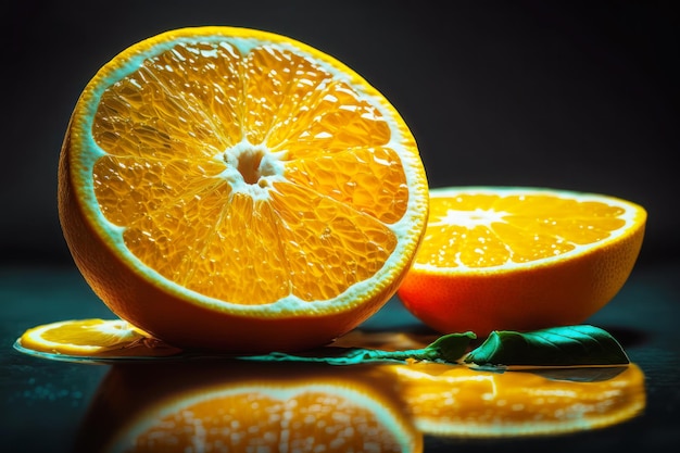 Pomarańcza przecięta na pół z liściem obok Generative AI