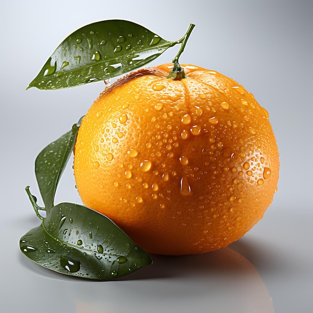 Pomarańcza z kroplami wody i liśćmi na białym tle ilustracja 3D