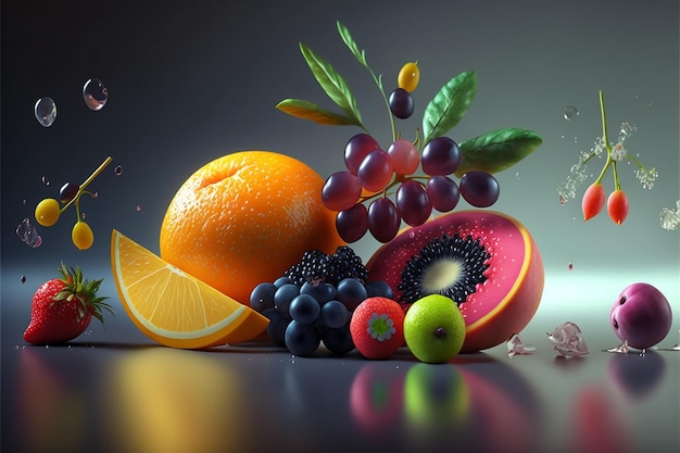 Pomarańcza z winogronami i owocami generatywnymi AI