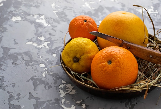 Pomarańcze, grapefruitowy i cytryna na betonowym tle