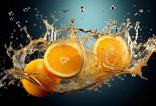 Pomarańcze latające w powietrzu i plusk wody
