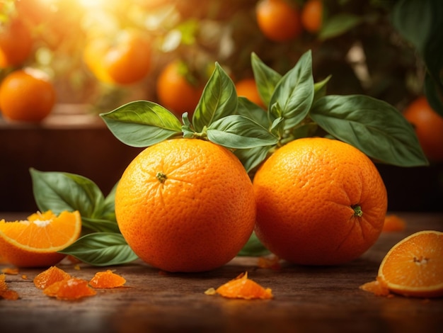 pomarańcze na drewnianym stole z liśćmi i pomarańczami