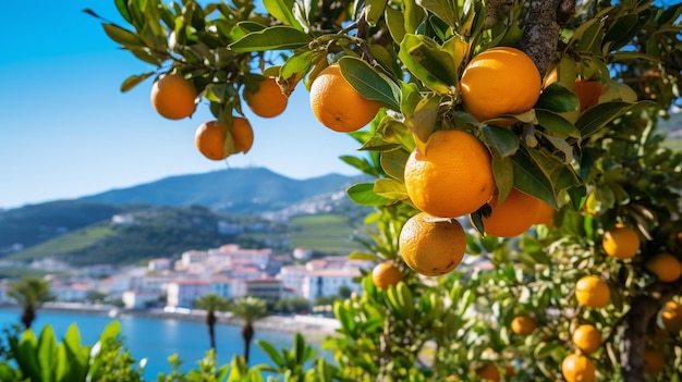 pomarańcze na drzewie z widokiem na miasto i morze w tle.