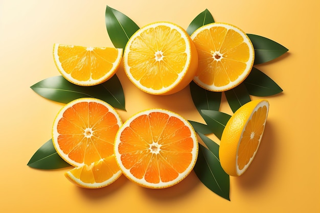 Pomarańcze na żółtym tle z liśćmi i pomarańczami