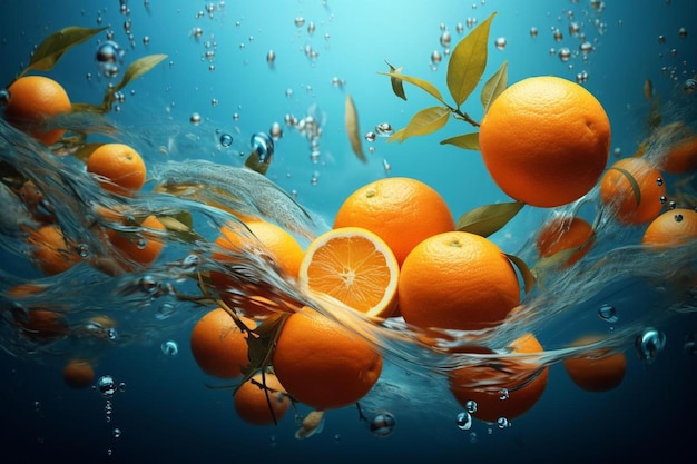 Pomarańcze pływają w wodzie z bąbelkami.