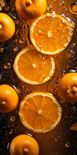 Pomarańcze są na tacy z wodą i świeci na nie słońce.