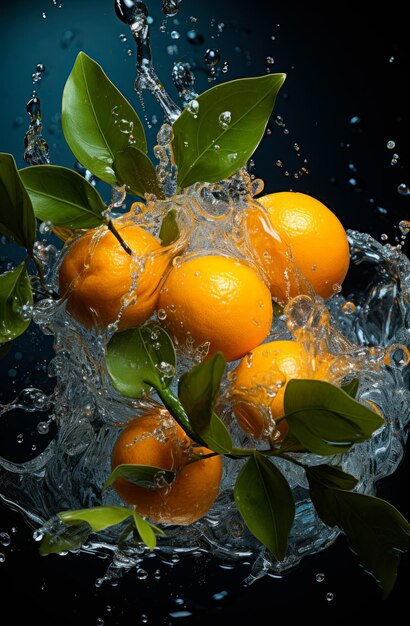 Pomarańcze spadające do wody z rozpryskiwaniem i pęcherzami powietrza